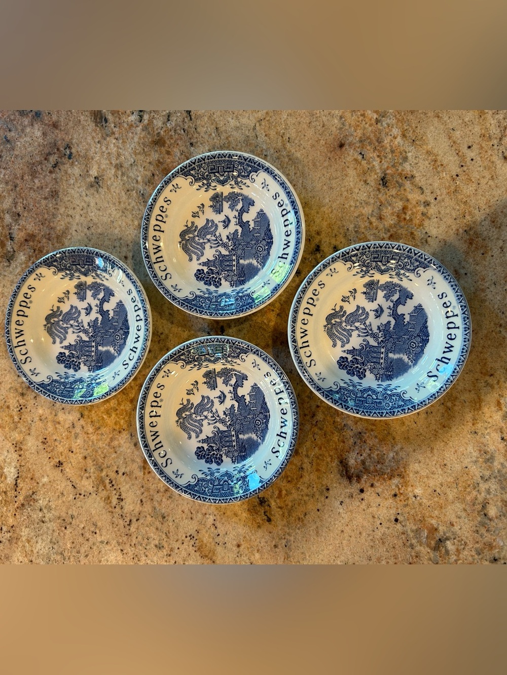 Enoch Wedgwood (4)Schweppes Promo Porcelain Tip Bar Dishes. “Blue Willow”Pagoda.